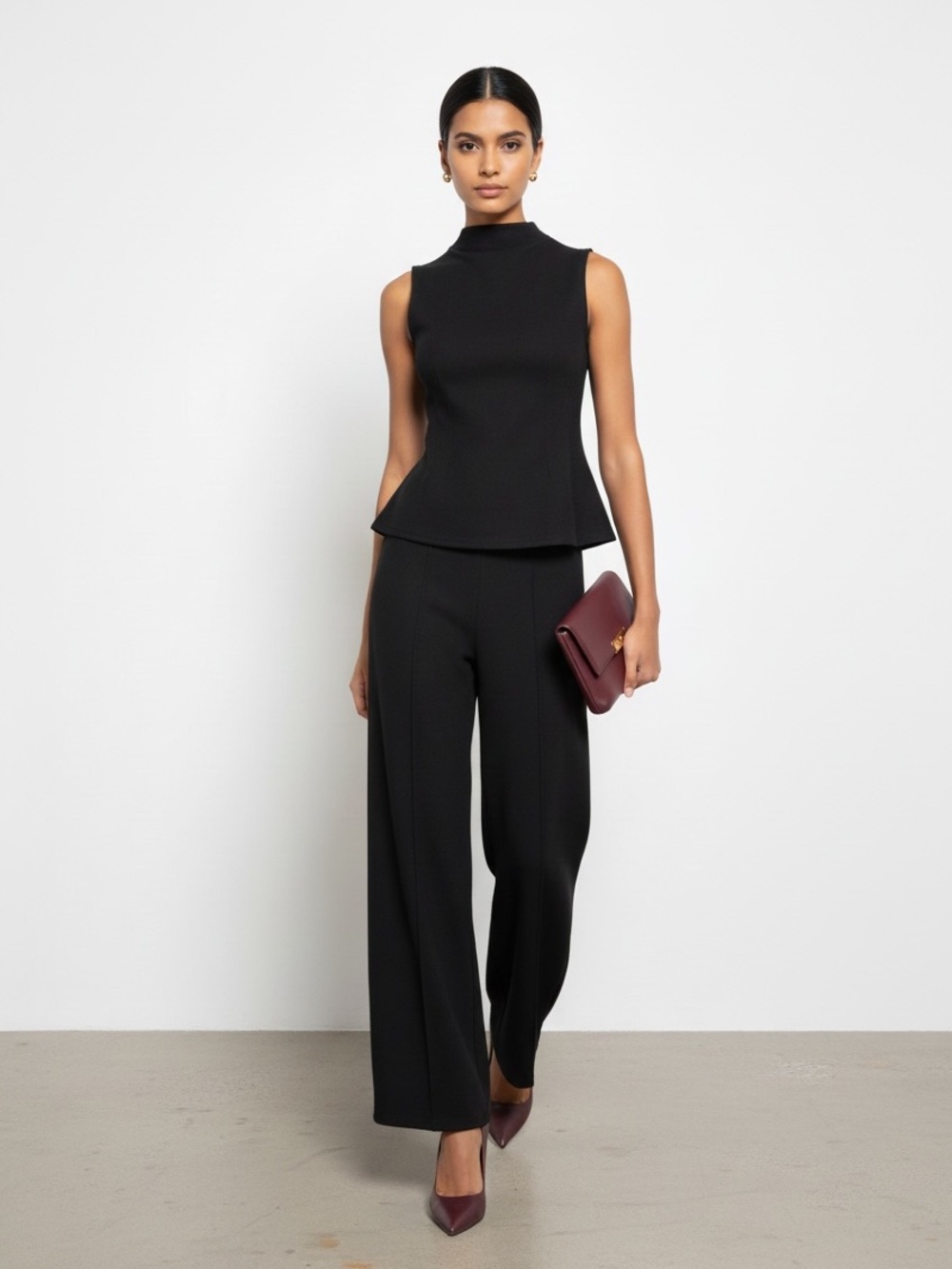 1617 • Black Soft Brushed Sleeveless Contour Darted Peplum Pant Set